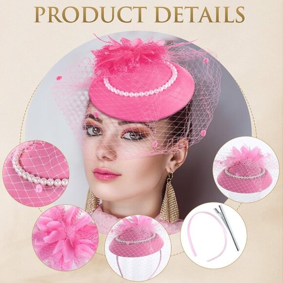 Women Hats Lace Gloves Pearl Necklace Set Vintage Veil Cocktail Accessories main image 6